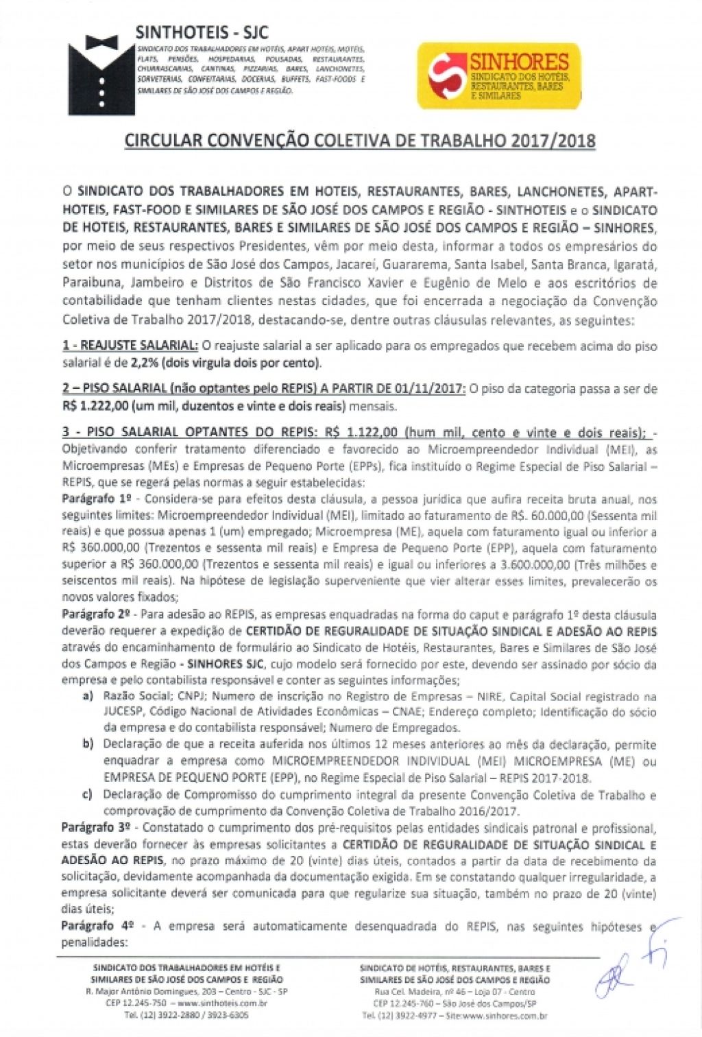SINHORES divulga a Circular da CCT 2017/2018