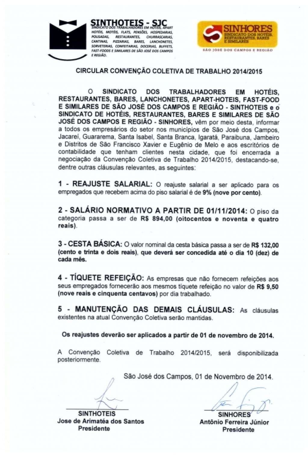 SINHORES divulga a Circular da Convenção Coletiva de Trabalho 2014/2015