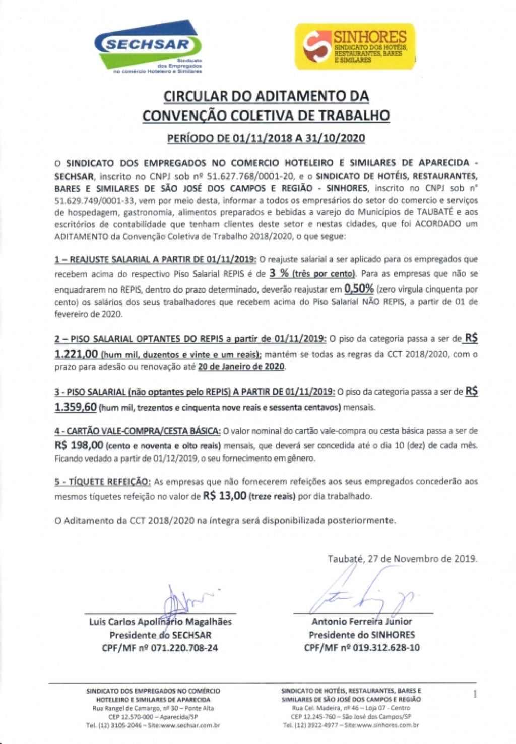 SINHORES assina a Circular de Aditamento com o SECHSAR 2018/2020
