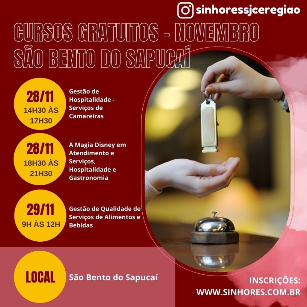 Em novembro SINHORES promove cursos gratuitos em São Bento do Sapucaí